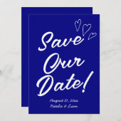 Handgeschriebene Navy farbenfrohe Retro Moderne Ho Save The Date (Vorne/Hinten)