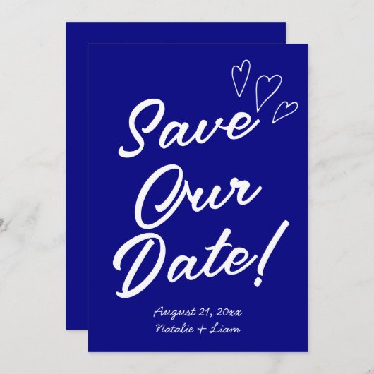 Handgeschriebene Navy farbenfrohe Retro Moderne Ho Save The Date (Vorne/Hinten)