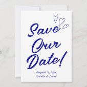 Handgeschriebene Navy farbenfrohe Retro Moderne Ho Save The Date (Vorderseite)