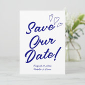 Handgeschriebene Navy farbenfrohe Retro Moderne Ho Save The Date (Stehend Vorderseite)