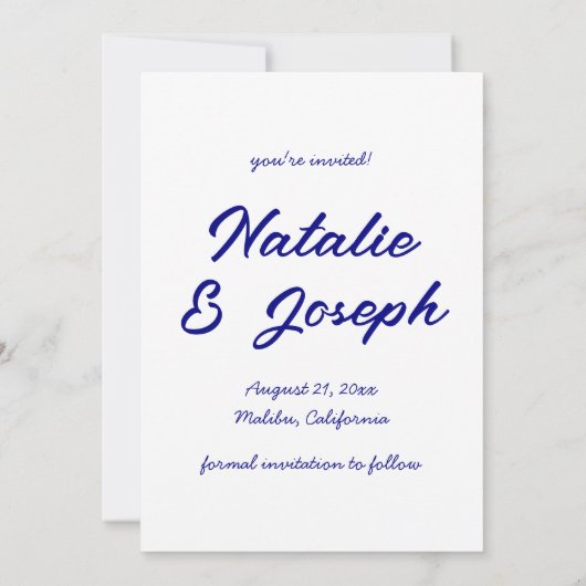 Handgeschriebene Navy farbenfrohe Retro Moderne Ho Save The Date (Rückseite)