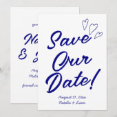 Handgeschriebene Navy farbenfrohe Retro Moderne Ho Save The Date (Vorne/Hinten)