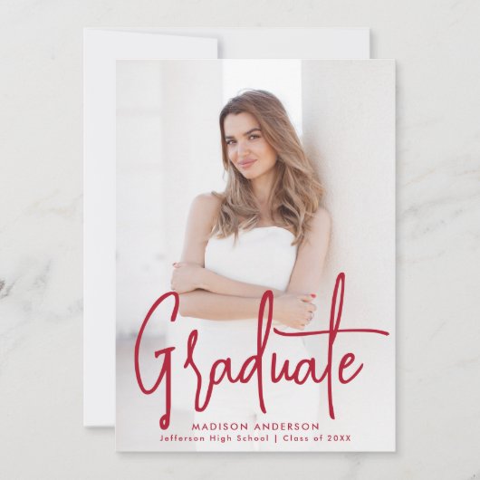 Handgeschriebene Red Script Foto Graduation Party Einladung (Vorderseite)