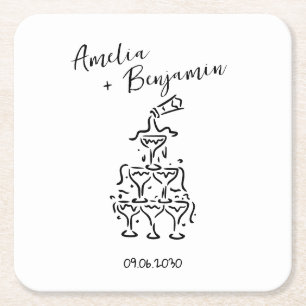 Handgeschriebene Retro-Champagner-Turm-Hochzeit Rechteckiger Pappuntersetzer