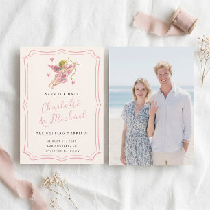 Handgeschriebene Retro-Cupid-Cherub-Pink-Hochzeit Save The Date