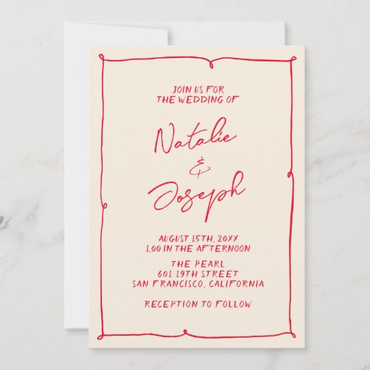 Handgeschriebene Retro-farbige Hochzeit des modern Einladung (Vorderseite)