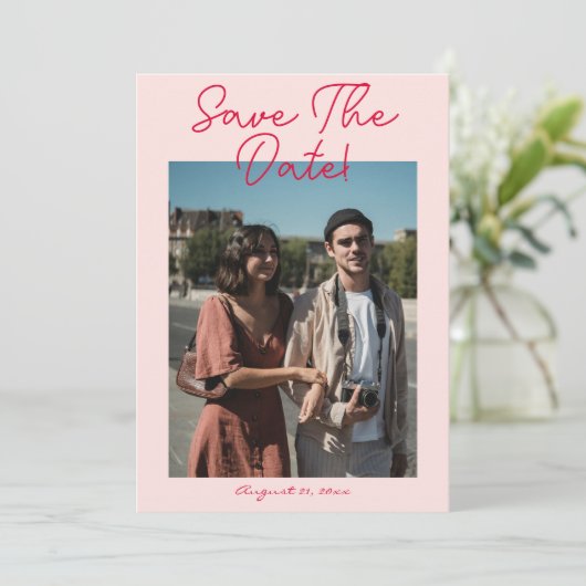 Handgeschriebene Retro-farbige Hochzeit des modern Save The Date (Stehend Vorderseite)