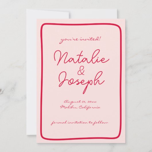 Handgeschriebene Retro-farbige Hochzeit des modern Save The Date (Rückseite)