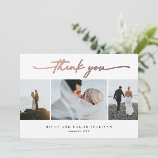 Handgeschriebene Rose Gold Script-Hochzeitsskripte Dankeskarte (Stehend Vorderseite)