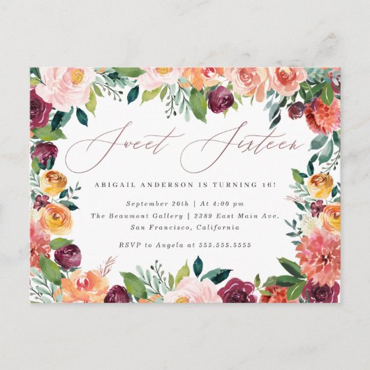 Handgeschriebene Rose Gold Sweet 16 Geburtstagspar Einladungspostkarte (Vorderseite)