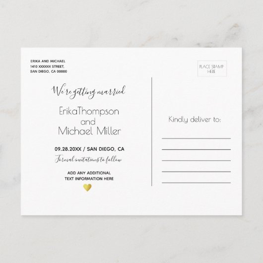 Handgeschriebene Save the Date Hochzeit Ankündigungspostkarte (Rückseite)