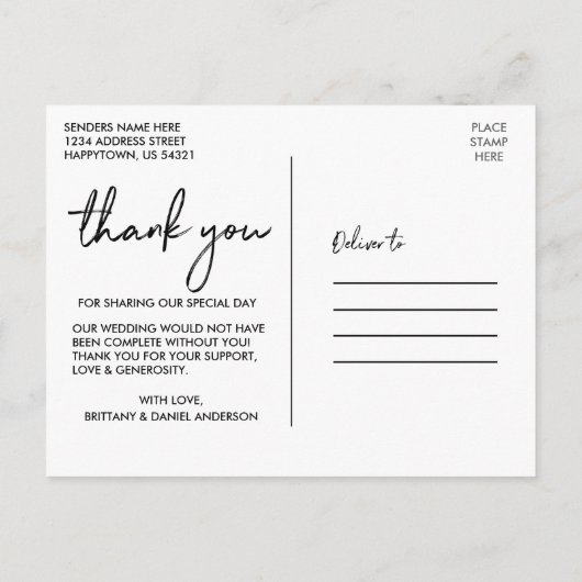 Handgeschriebene Script-Liebe dank Hochzeit Postkarte (Rückseite)