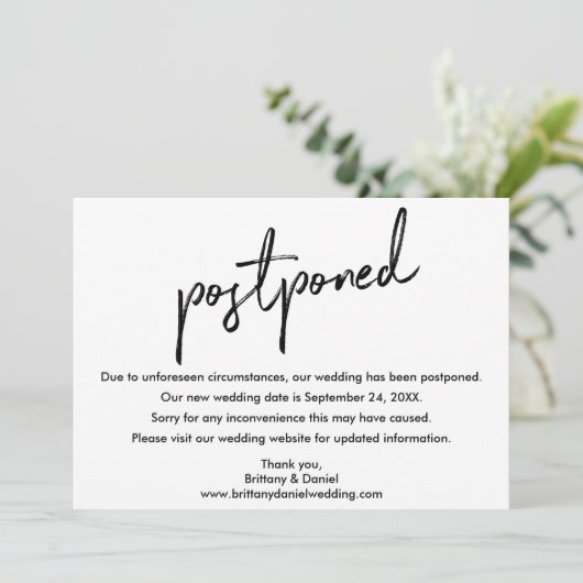 Handgeschriebene SkriptWedding Postponed New Date  Save The Date (Stehend Vorderseite)