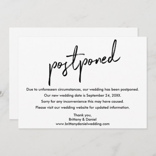 Handgeschriebene SkriptWedding Postponed New Date  Save The Date (Vorne/Hinten)