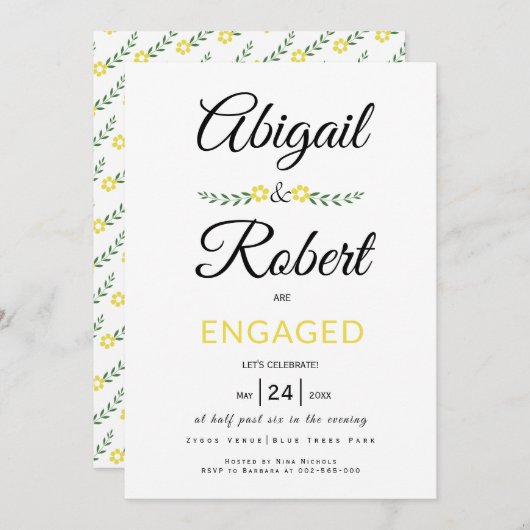 Handgeschriebene Typografie gelbe Blumen Verlobung Einladung (Vorne/Hinten)