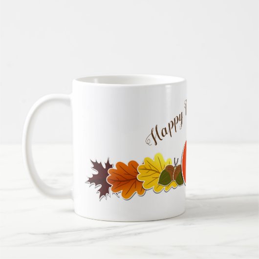 Handgeschriebene Typografie Kürbis Blätter Ernteda Kaffeetasse (Links)