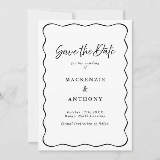 Handgeschriebene Wavy Frame Black & White Save The Date (Vorderseite)