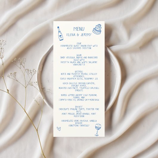 Handgeschriebene Zeichnend Scribble Blue Wedding Menükarte