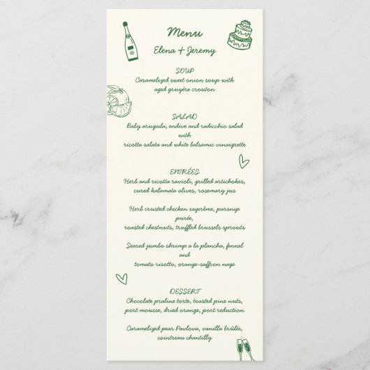 Handgeschriebene Zeichnend Scribble Green Wedding Menükarte (Vorderseite)