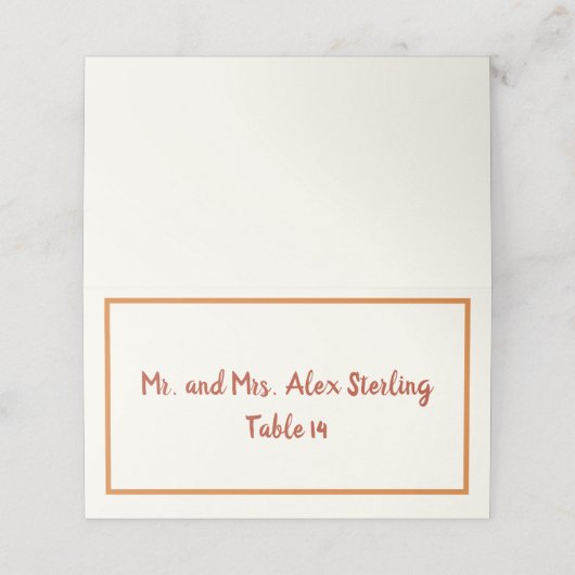 Handgeschriebener 70er Burnt Orange Bold Border We Platzkarte (Außenseite Aufgefaltet)