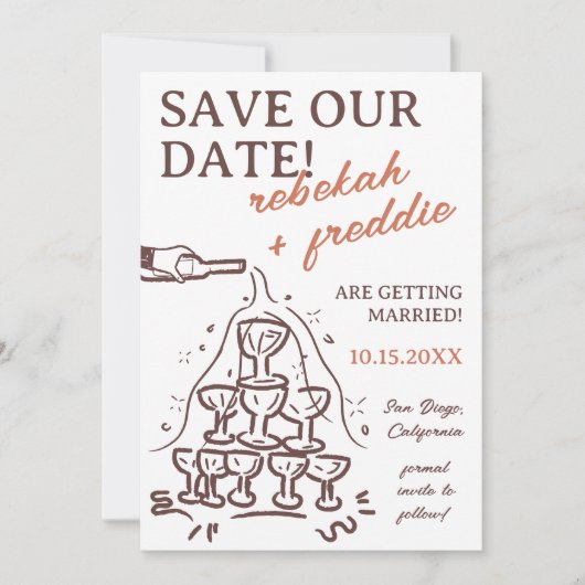 Handgeschriebener Champagnerturm Save the Date Einladung (Vorderseite)