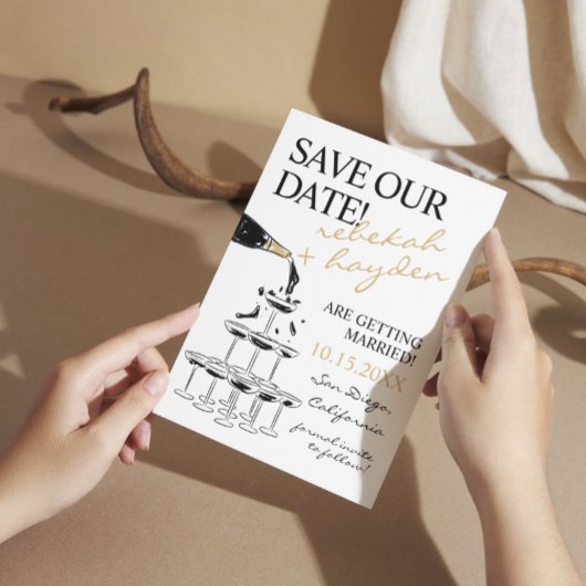 Handgeschriebener Champagnerturm Save the Date Einladung