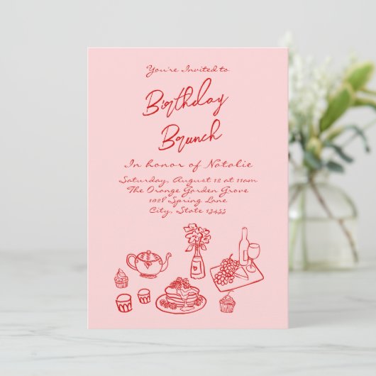 Handgeschriebener, Gezeichnet rosafarbener Spaß Ge Einladung (Stehend Vorderseite)