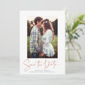 Handgeschriebener Kupfer-Rose-Gold-Marmor Save the Date (Stehend Vorderseite)