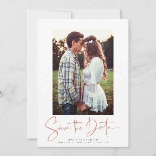 Handgeschriebener Kupfer-Rose-Gold-Marmor Save the Save The Date (Vorderseite)