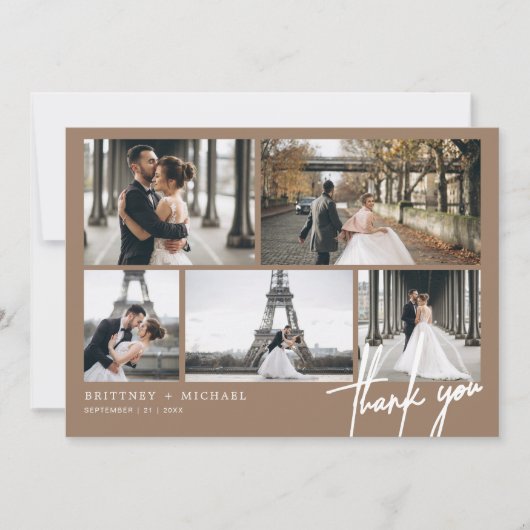 Handgeschriebener moderner Fotocollage Tan Dankeskarte (Vorderseite)