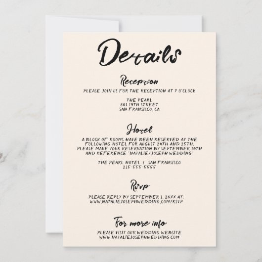 Handgeschriebener moderner Quirky in einer Hochzei Einladung (Rückseite)