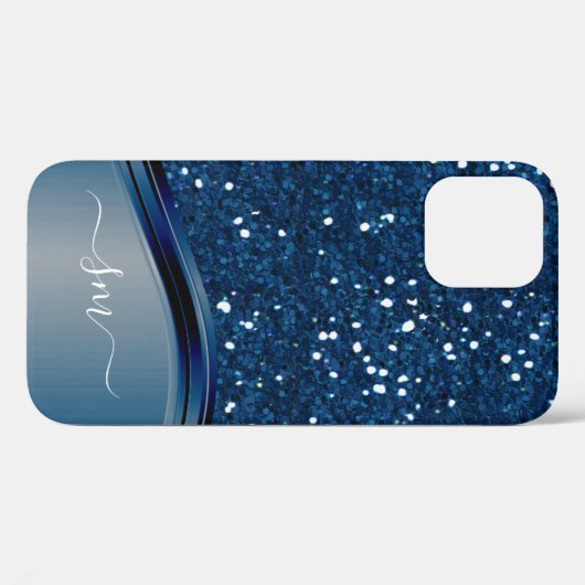 Handgeschriebener Monogram Navy Blue Metal Glitzer Case-Mate iPhone Hülle (Rückseite (Horizontal))