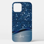 Handgeschriebener Monogram Navy Blue Metal Glitzer Case-Mate iPhone Hülle (Rückseite)