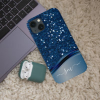 Handgeschriebener Monogram Navy Blue Metal Glitzer
