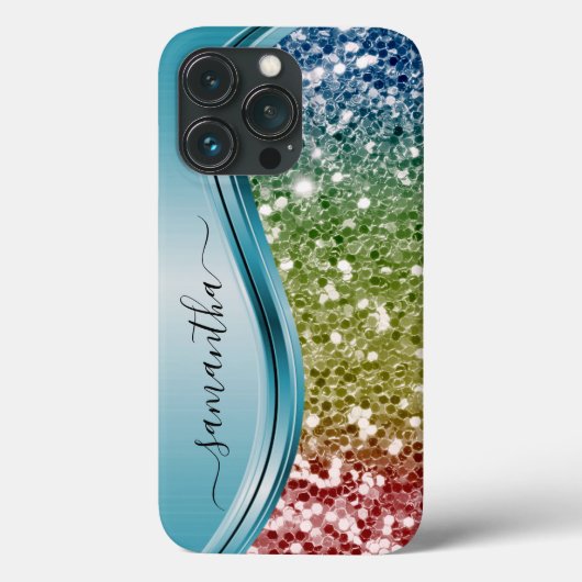 Handgeschriebener Monogram-Rainbow-Glitzer Case-Mate iPhone Hülle (Rückseite)