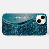 Handgeschriebener Name Aquamarin Blue Metal Glitze Case-Mate iPhone Hülle (Rückseite (Horizontal))