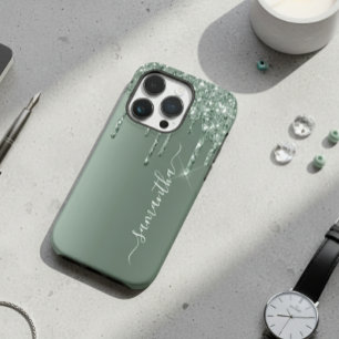 Handgeschriebener Name Dunkelgrün Metall-Glitter-L Case-Mate iPhone 14 Pro Hülle