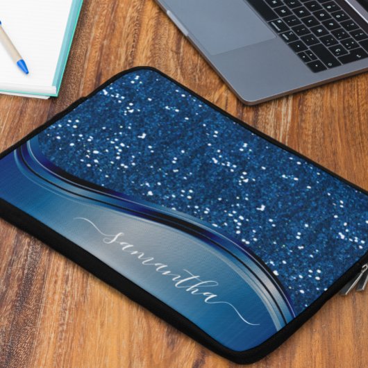Handgeschriebener Name Navy Blue Metal Glitzer Laptopschutzhülle