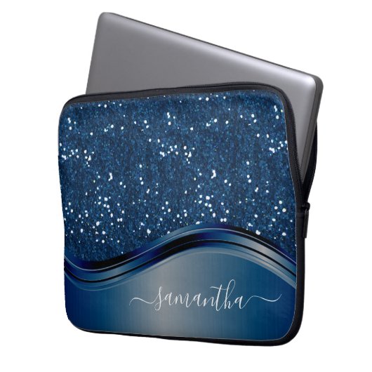Handgeschriebener Name Navy Blue Metal Glitzer Laptopschutzhülle (Vorderseite Links)