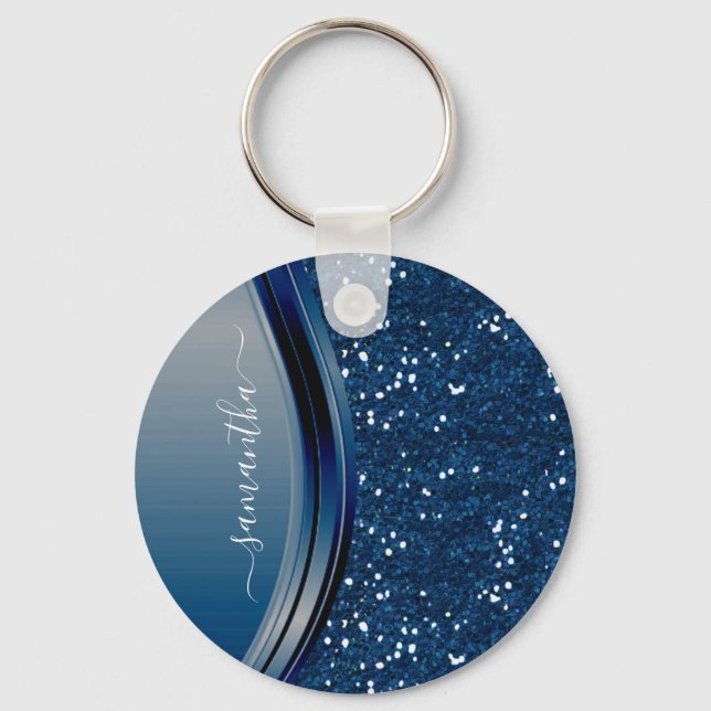 Handgeschriebener Name Navy Blue Metal Glitzer Schlüsselanhänger (Vorderseite)