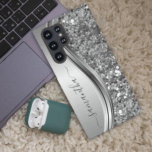 Handgeschriebener Name Silver Metal Imitats Glitze Samsung Galaxy Hülle