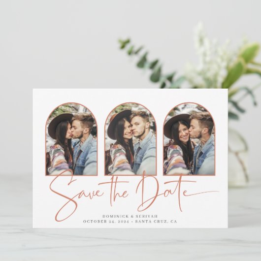 Handgeschriebener Save the Date Rose Gold-Marmorbo (Stehend Vorderseite)
