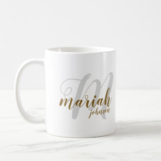 handgeschriebener Schriftart in Monogramm auf Weiß Kaffeetasse (Links)