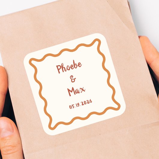 Handgeschriebener Whimsical Wavy Border 70er Weddi Quadratischer Aufkleber