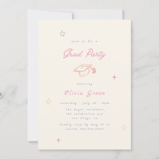 Handgeschriebener Whimsy Pastel Abschluss Einladung (Vorderseite)