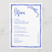 Handgeschriebenes blauer französischer Hochzeitsme Menükarte (Vorderseite)