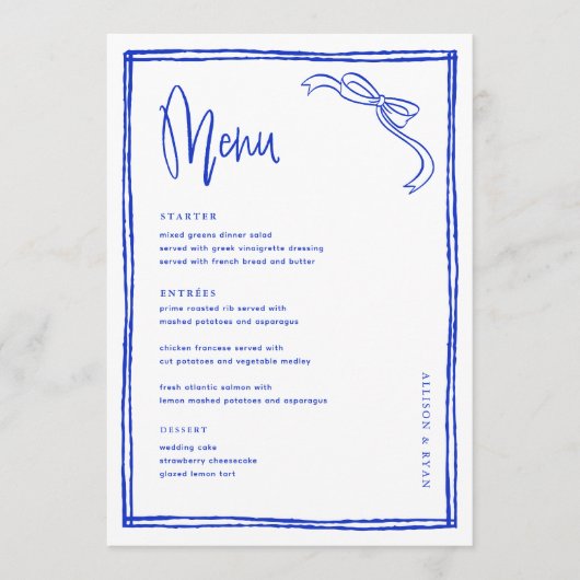 Handgeschriebenes blauer französischer Hochzeitsme Menükarte (Vorderseite)