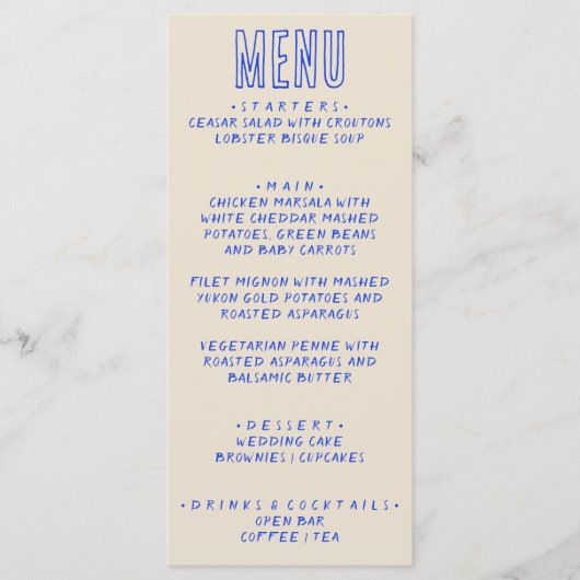 Handgeschriebenes blaues Retro fett Moderne Fun We Menükarte (Vorderseite)