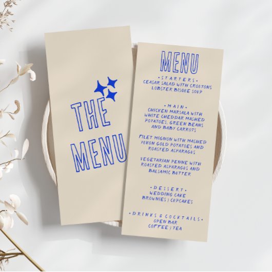 Handgeschriebenes blaues Retro fett Moderne Fun We Menükarte