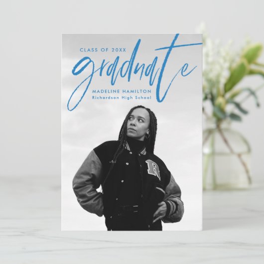 Handgeschriebenes Blue Brush Script 4 Foto Abschlu Ankündigung (Stehend Vorderseite)